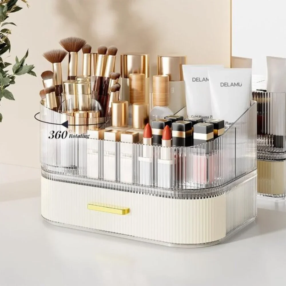White Makeup Organizer, Stackable Drawers, 360° Rotating Brush Holder for Vanity